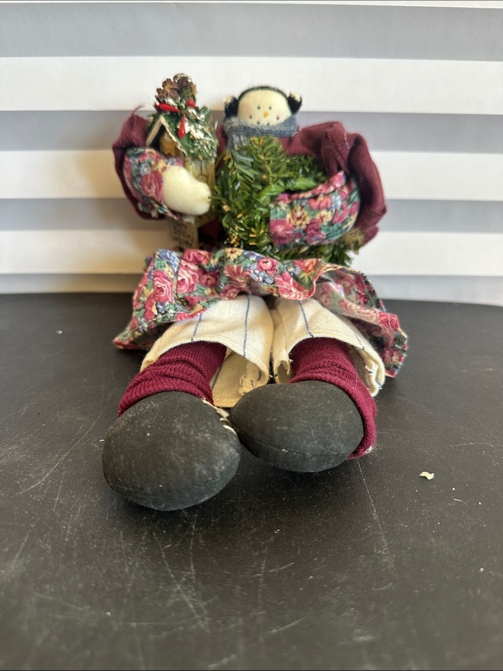 Christmas Snowgirl Shelf Sitter Floral Print Dress Holiday Winter Decor Cute